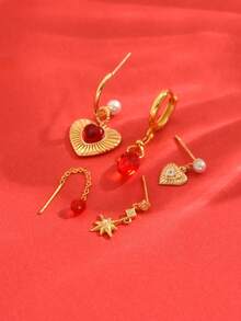 5pcs/Set Sparkling Red Zirconia Heart Shaped Earrings, Earrings, Ear Clips, Fashion Jewelry Set For Women, Suitable For Party, Holiday, Date Or Wedding