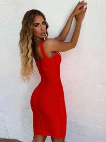 Christmas Summer Elegant Spaghetti Strap V Neck Short Bodycon Dress Women Ribbed Crystal Embellished Bandage Dress Sexy Red Night Out Cocktail Party Dress Clothes - Red - View 5