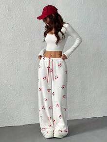 女士秋冬时尚 - 樱桃印花 - 舒适款式 - 长裤 - 保暖家居服