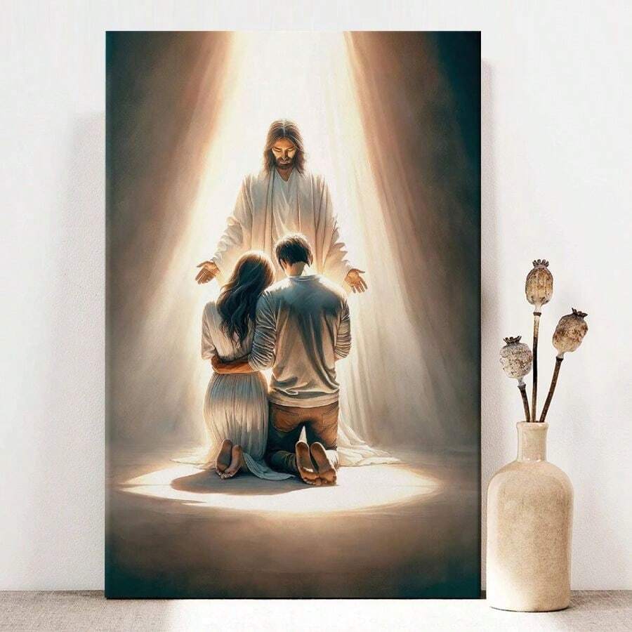 1pc Framed Canvas Wall Art, Couple Kneeling And Praying To Jesus Art Print Canvas Poster Painting Winter Home Wall Decor, Ideal Gift For Bedroom Living Room Hallway Dorm, Ready To Hang - 彩色 - 查看 1
