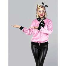 SOMSOC 1950s Pink Satin Jacket With Pant Polka Dot Scarf Headband Earrings And Cat Eye Glasses Halloween Cosplay Costume Set{"Size_name":"Large"} - Large - 查看 6