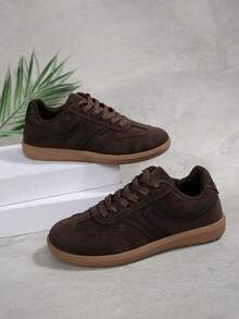 女士棕色鞋子，纯色英伦风系带皮革运动鞋，扣饰设计，圆头低帮平底滑板鞋，时尚透气防滑学生鞋 - 棕色 - 查看 7