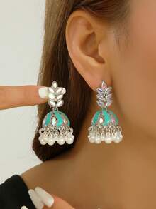 1 Pair Bohemian Style Elegant Crystal Studded Leaf Shaped Earrings With Faux Pearl, Tassel Decor Earrings, Suitable For Women & Girls Everyday, Festivals, Weddings And Parties/Jewelry Gift