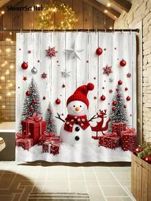 1/3/4pcs Snowflake Snowman Christmas Shower Curtain Bathroom Set ,Waterproof And Wear-Resistant Accessories,With 12 Hooks - Includes Toilet Seat Cover, Bath Mats, And Rugs - Non-Slip Polyester Fabric - Washable - Perfect For Holiday Decor,Home/Bedroom/House/Western Decor, - Multicolor - View 4