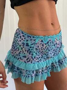 Women Mini Short Skirt Low Waisted Leopard Print Ruffle Lace Edge Fashion Short Skirt - Màu xanh lam - Xem 2
