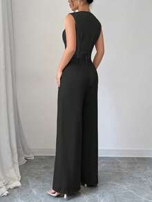 2pcs Women's Business Slim Fit Sleeveless Vest And Straight Leg Pants Set, Suitable For Daily Commute And Office Wear