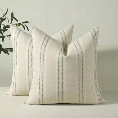 1PC Linen Throw Pillow Covers, Boho Textured Pillow Case, ,Beige With White & Navy Blue Stitch Yarn Dyed Stripe Cushion Cover For Sofa Couch Living Room(Cover ONLY)