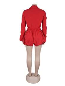 Women's Button Ruched Bubble Playsuits Long Sleeve Drawstring Shorts Shirt Jumpsuit Rompers One Piece Outfits, Spring Fall Winter Clothes - Red - View 4