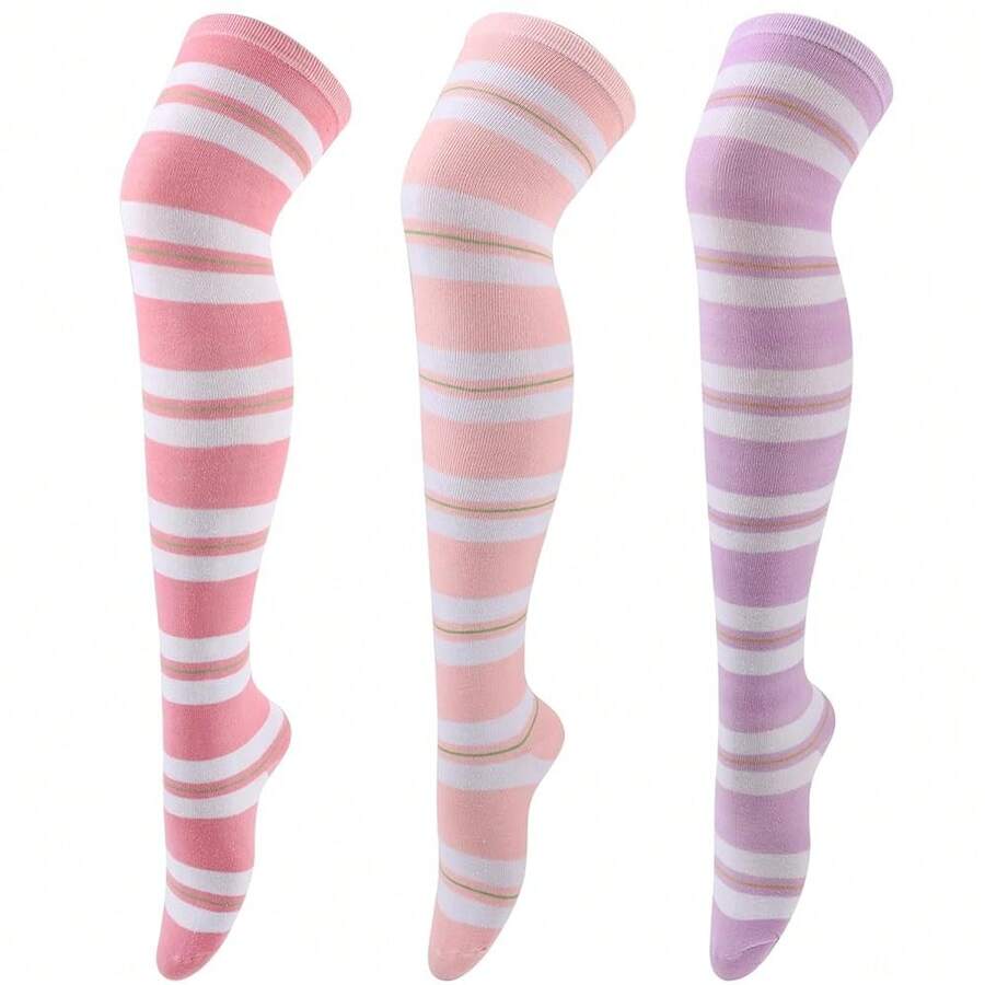DRESHOW 3 Pairs Thigh High Socks Striped Over Knee Thin Tights Long Stocking Knee High Leg Warmer{"Color_name":"3PairsStripe:LightPurple"} - Multicolor6 - View 1