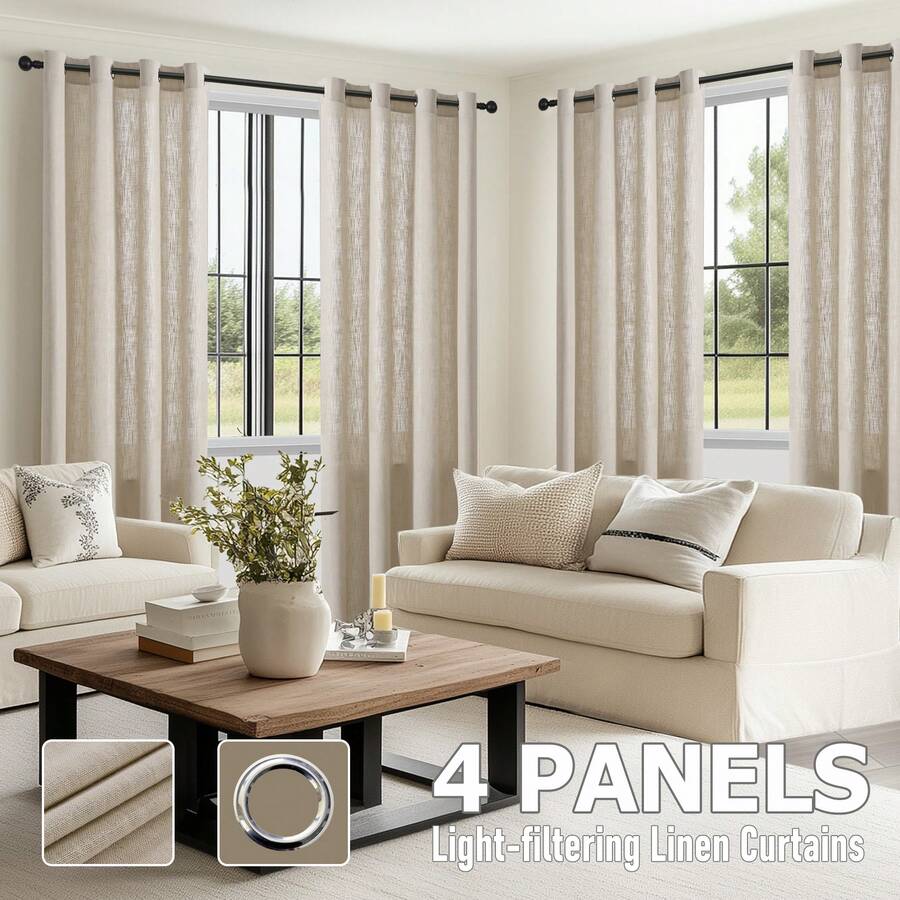 4 Panels Thick Polyester-Linen Blend Semi-Sheer Curtains, Light Filtering, Privacy Protection, Grommet Curtains For Living Room, Bedroom, Or Dining Room, Farmhouse - 米色 - 查看 1