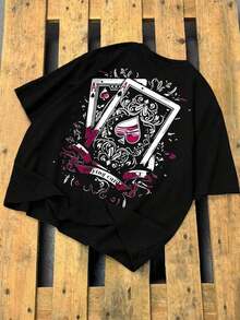 Camiseta de manga corta casual de con estampado de tarjetas, verano - Negro 3 - Ver 3