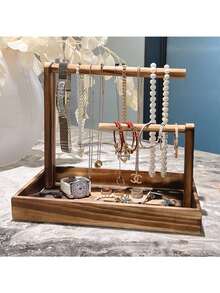 1pc Rustic Wooden Jewelry Organizer Stand - Versatile Desktop Display For Necklaces, Bracelets, Watches, Beads - Rectangular Solid Wood Jewelry Rack, No Electricity Needed, Jewelry Towers