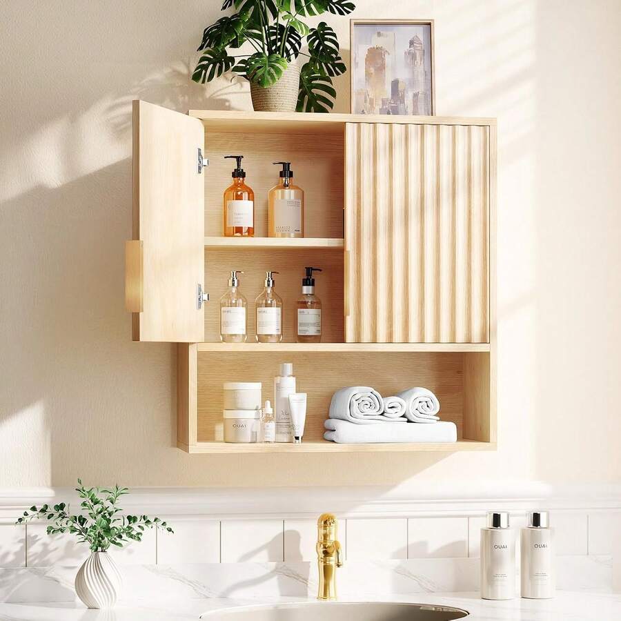 Fluted Modern Medicine Cabinet,Bathroom Wall Cabinet Over Toilet Storage, Upper Floating Countertop Storage For Bathroom, Laundry Room,Small Hanging Kitchen Wall Cabinets (Natural Oak Color),23061095 - Rỉ Nâu - Xem 1