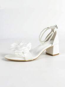 Damen Perlen Kette Schleife Dekor Satin weiße Plateau 5cm Absatz Sandalen, vielseitig für verschiedene Anlässe, Sommer