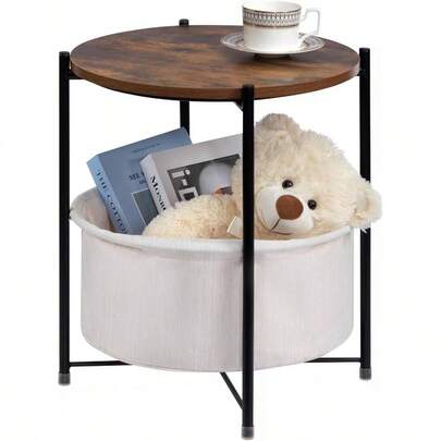 Round Side Table Small Coffee Table Living Room Bedroom Balcony Sofa Tables With Fabric Basket, Dark Walnut