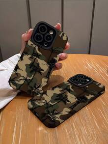 1pc New Fashionable Camouflage Palm Tree Pattern Vertical Striped High-End Faux Leather Anti-Fall Anti-Fingerprint Shock-Proof Phone Case, Suitable As Birthday Or Holiday Gift For Friends, Family, Couples, Compatible With Apple And Models - Multicolor - View 2