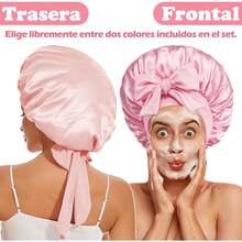 4-Pack Gorros de Dormir de Satén Suave Gorros de Dormir de Seda Ajustables con Máscara para Ojos Reutilizables Cómodos Gorros de Dormir de Satén Suave para Descansar, Ducharse y Belleza (Melocotón y Rosa) - Negro - Ver 1