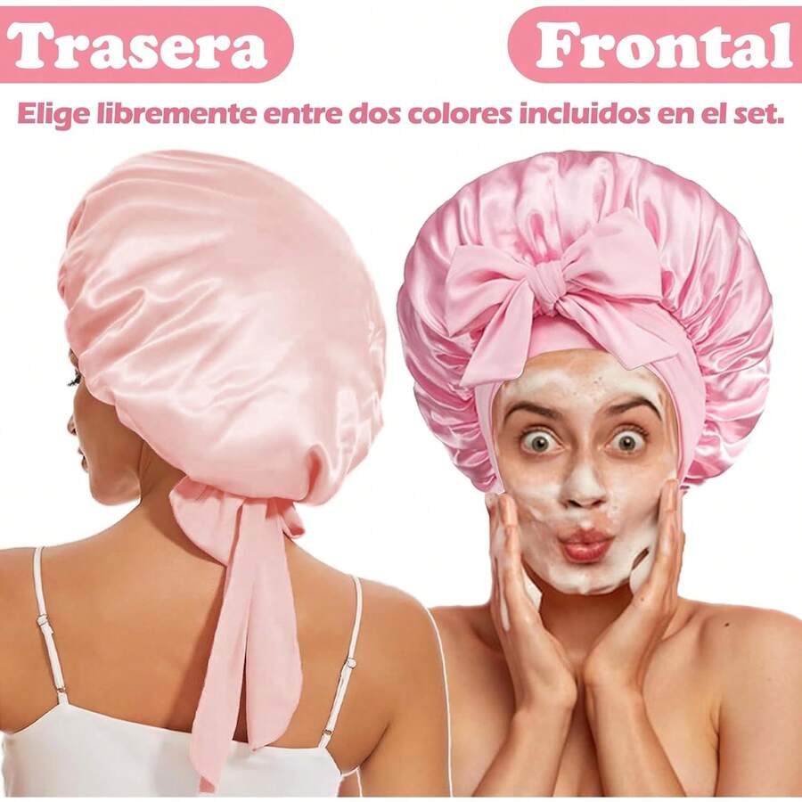 4-Pack Gorros de Dormir de Satén Suave Gorros de Dormir de Seda Ajustables con Máscara para Ojos Reutilizables Cómodos Gorros de Dormir de Satén Suave para Descansar, Ducharse y Belleza (Melocotón y Rosa) - Negro - Ver 1