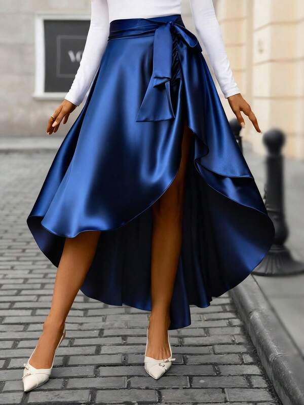 Elegant A-Line Asymmetrical Hem Skirt And Thigh- High Slit For Women