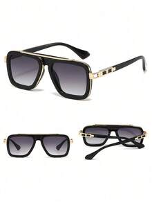 1pc Men's Double Beam Fashion Glasses, European And American Style Streetwear Shades, And Versatile Eyeglasses For Outdoor Gatherings Accessories Beach Accessories Glasses Shades Looks Street Style And Suit For Sweater Jacket Sweatshirt Hoodie Leather Pants And Cargo Pants - 金黑色 - 查看 4