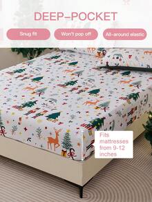 1pc Christmas Tree & Reindeer Print Fitted Sheet, Fits Mattress Depth 9" To 12", Soft, Wrinkle-Free, Breathable, Fits Various Bed Sizes, Machine Washable. Fashionable Christmas Decor Fitted Sheet, Essential For Bedroom & Dorm, Oeko-Tex Certified