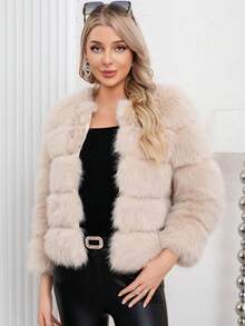 Elegant Women's Faux Fur Coat Khaki Color Regular Sleeve Round Neck Wrist Length Contrast Faux Fur Design Warm Lined For Winter Christmas And New Year - Khaki - View 2