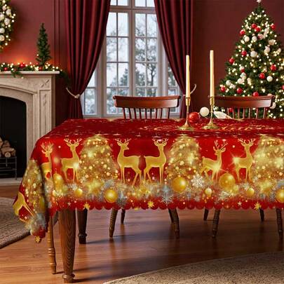 1pc Red & Gold Christmas Rectangular/Round Tablecloth, Gold Christmas Reindeer, Snowflake, Bell, Christmas Tree Pattern, Red Festive Tablecloth, Christmas Decor, Suitable For Indoor & Outdoor Use - Easy Clean Holiday Dining Tablecloth, Available In Multiple Sizes