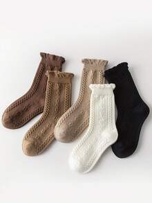 5 Pairs Kids' Bubble Mouth Twist Solid Color Casual Comfortable Breathable Mid-Calf Socks, Autumn/Winter