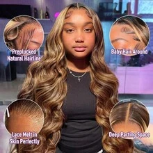 30 Inch 250% Density Ombre Honey Blonde Lace Front Wig Human Hair 13x4 HD Highlight Body Wave Lace Front Wigs Human Hair For Women Glueless Pre Plucked With Baby Hair 4/27 Colored HD Lace Wig Human Hair - S4/27 - 查看 3