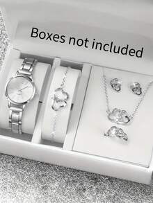 6 件女士不锈钢银色石英手表双心链首饰套装，可作为送给爱人的礼物