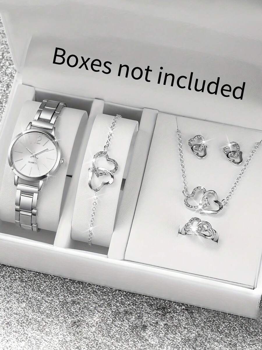 6 件女士不锈钢银色石英手表双心链首饰套装，可作为送给爱人的礼物