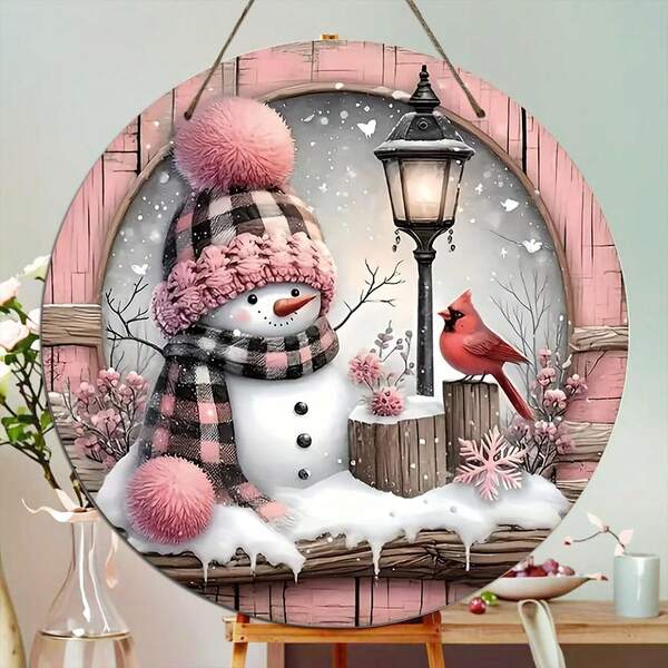 Encantadora corona de muñeco de nieve rosa y cardenal - Placa de madera redonda de 20.32 cm para decoración navideña, perfecta para puerta, pared, porche y jardín