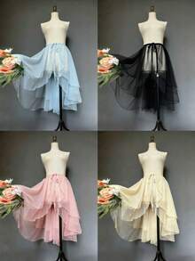 1pc Women's Asymmetric Hem Layered Tulle Skirt, Short Front Long Back Fishtail Hem, Suitable For Wedding, Party, Performance, Cosplay, Photography, Dance, Halloween, Lolita Style, Available In Black, White, Pink, Light Blue, Champagne - Multicolor - View 10