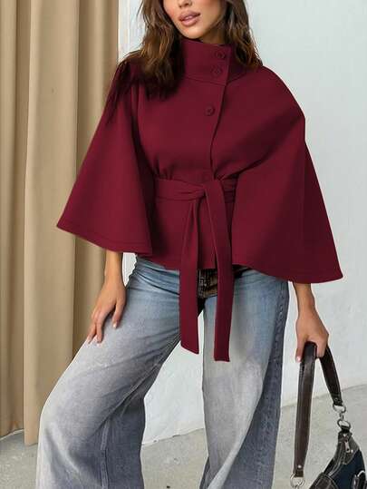 Pelerină de lână pentru femei, culoare solidă, cu nasturi în față și talie legată, ținută casual și de întâlnire, palton de toamnă/iarnă