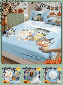 Bluey 万圣节数码印花床单，床上用品，床垫保护套，床罩，床笠，舒适家纺，透气防起球床垫保护套，柔软亲肤，万圣节角色扮演，卡通图案床罩 - 彩色 - 查看 5
