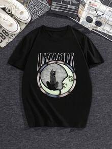 Round Neck Black T-Shirt with Cat and MAZZY STAR Print for Casual Wear - Negro - Ver 3