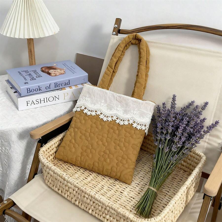 Women's Lace Patchwork Handbag Fashionable Versatile Mini Floral Purses For Daily Life, Work, Travel - Yellow - View 1