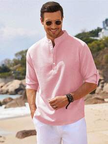 男士长袖亨利领衬衫，纽扣前襟，轻盈涤纶面料，条纹格纹设计，休闲舒适，面料柔软，适合日常穿着，夏季海滩度假时尚透气，袖子可卷起，时尚男装，户外休闲装，经典版型，百搭轻便衬衫，男士休闲上衣 - 粉色 - 查看 4