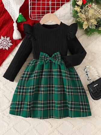 小女孩圣诞蝴蝶结装饰长袖圆领连衣裙