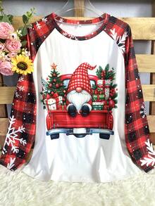 Plus Size Women Christmas Element Printed T-Shirt, Plaid Christmas Tree & Gnome & Snowflake Print Elastic Crew Neck Top, Christmas
