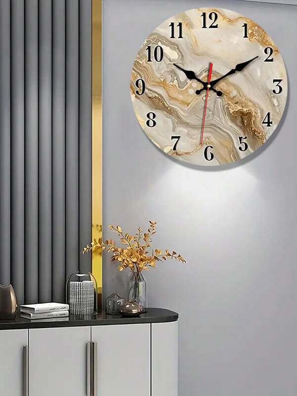 1pc Elegant Marble Texture Wooden Wall Clock With Golden Accents – Non-Ticking, Abstract Design For Bedroom, Living Room, Dining Area, Hallway, Study – No Battery Included, Clock Wall Decor