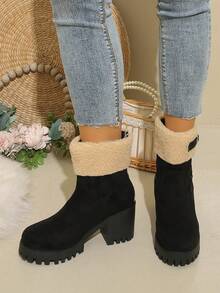 Chunky High-Heel Platform Round-Toe Suede-Like -On Short Boots With Metal Buckle And Back Zipper - Black - View 9