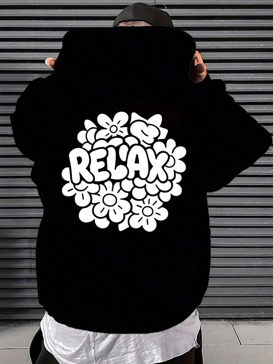 Sudadera con patrón de banda en el panel trasero, relajante, impresión floral creativa en la espalda, sudadera de moda para hombres, estilo casual y moderno, sudadera de otoño - Negro - Ver 1