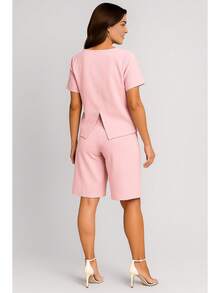 Elegant Women's Set With Blouse And Bermuda Shorts In Sensory Fabric - Màu Hồng baby - Xem 2
