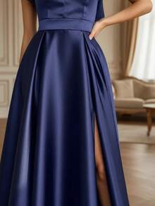 Grife Velasco Long Elegant Plain Prom Dress With Slit And Ruffle Sleeves - Navy Blue - View 6