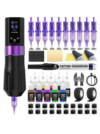DQFART Wireless Tattoo Gun Kit, All-In-One Tattoo Machine Pen With 1800mah Power Supply, LED Digital Display, A Complete Tattoo Kit Suitable For Beginners And Tattoo Artists, Including Tattoo Ink, Tattoo Needles, Tattoo Supplies, And Tattoo Accessories