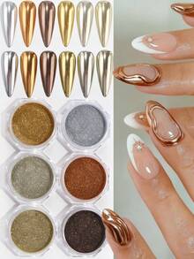 6色美甲粉金属镜面颜料闪粉全息粉，金色、银色、香槟色，DIY美甲粉，美甲设计装饰用品 - 彩色 - 查看 7