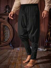 Mens Halloween Pirate Pants Medieval Viking Lace Up Cotton Trousers Renaissance Costume Outfits - Black - View 2