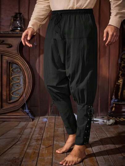 Mens Halloween Pirate Pants Medieval Viking Lace Up Cotton Trousers Renaissance Costume Outfits