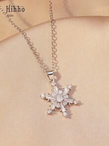 Hihho 1pc Fashionable High-End Versatile Cubic Zirconia Embedded Minimalist Snowflake Pendant Necklace, Elegant Women's Necklace Decoration Gift, Exquisite Pendant Necklace, Christmas Gift Copper Pendant Necklace For Women - Silver - View 5